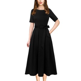 VFSHOW Womens Black Elegant Pockets Belted Pleated Work Business Office Casual A-Line Midi Mid-Calf Dress 8936 BLK L