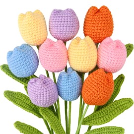 10 Pcs Crochet Tulips Flowers Artificial Flowers Bouquet Finished Handmade Knitted Tulip Bouquets with Leave and Long Stem for Home Centerpieces Decor Valentine's Day Wedding Anniversary