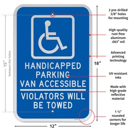 Brimar - 12" x 18" - Handicapped Parking Van Accessible Violators Will Be Towed Sign - .063″ Engineering Grade Reflective Aluminum - Bold Text and Symbol - Easy Installation