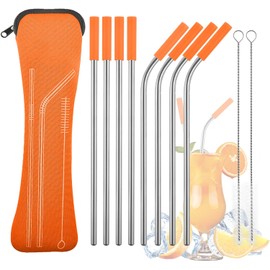 Conjunto de 8 Popotes de Acero Inoxidable, Pajitas Reutilizables con Bolsita de Tela y Cepillo para Limpiar, Popotes Reusables con Fundas de Silicona, Pajitas de Metal para Cócteles Jugos (Naranja)
