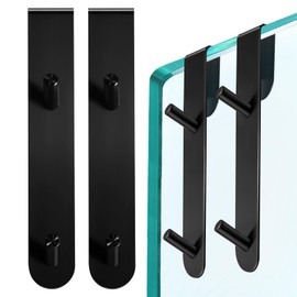 Over The Shower Door Hooks,2 Pack Removeable Double Bathroom Shower Hanger for Frameless Glass Door Hanging Bathrobe Towel,Extended Black Stainless Steel Heavy Duty Drill Free Holder 7.1 Inch 12mm