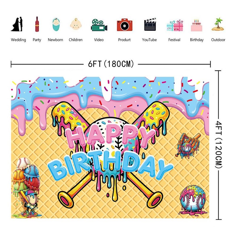 INRUI Ice Cream Drip Baseball Birthday Photography Backdrop 6x4FT