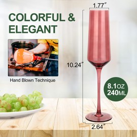 Colored Champagne Flutes Set of 6, Large 8 Oz Hand Blown Crystal Glasses, Lead-Free Colorful Glasses, Italian Style Tall Stemmed Glassware-Elegant Gift Box for Wedding, Party, Holidays, Birthdays