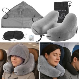 Newgen Medicals Inflatable Neck Pillow with Removable Hood, H Shape