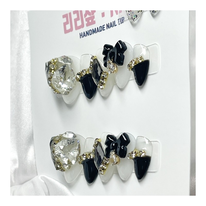 Gold Black Diamond Handmade Nail Tips - Short Ballerina /