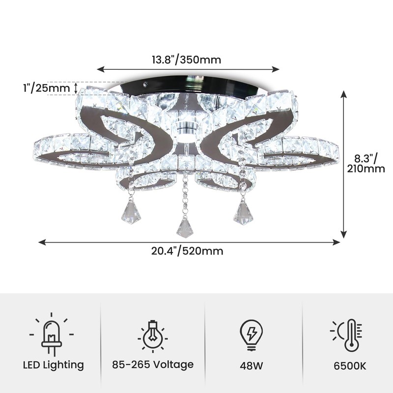 FRIXCHUR 20.4" Crystal Ceiling Light Modern LED Crystal Chandeliers Large