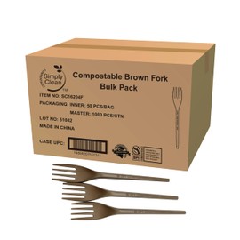 Simply Clean Compostable Forks 6.5” Brown Bulk 1000ct, Durable & Disposable Cutlery, Eco-Friendly, BPI Certified