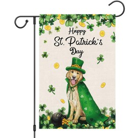 Heyfibro Happy St. Patrick's Day Garden Flag 12x18 Double Sided Burlap, Golden Retriever Dog Garden Flags Luckly Shamrock Gold Coin Banner for Spring Holiday Farmhouse Yard Outdoor Decor(ONLY FLAG)