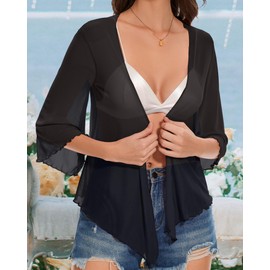 Women's Short Cardigan Bolero Shrug Sheer Tie Front Top 3/4 Sleeve Jacket for Dress (Black,M)