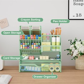 Marbrasse Mesh Desk Organiser, Multifunctional Pen Holder with Drawer, Storage Shelf for School, Home, Office, Supplies (Green)