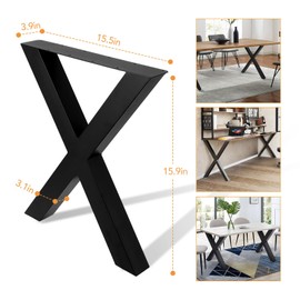 HONG SHENG Set of 2 Steel Table Legs, 16 inch Height 15inch Wide Dining Table Legs, Square Box Section X Frame Table Legs, Black Color Industrial Country Style Metal Dining Legs (16 * 15 in)