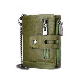 Real Leather RFID Blocking Bifold Wallets for Men Double Zipper Coin Pocket Purse with Anti-Theft Chain (Dark Green)