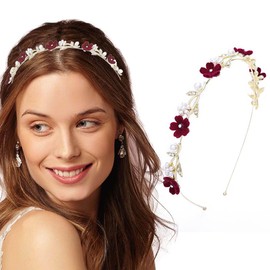 Foyte Red Flower Headbands Pearl Floral Hairbands Rhinestone Thin Head Bands for Women and Bride
