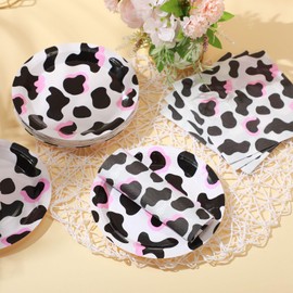 Yaomiao 50 Pcs Cow Print Party Supplies Includes Cow Print Plates and Cow Print Napkins Cow Theme Party Decorations for Girl Boy Barnyard Farm Animal Cow Theme Birthday Baby Shower Supplies (Pink)