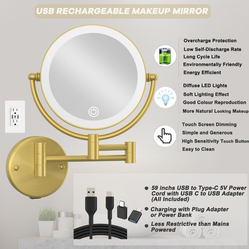 LEDOOLE Make up Mirror Wall Mounted with Lights and 10X