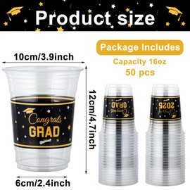 50 PCS Graduation Plastic Cups Class of 2025 Graduation Party Cup 16 oz Congrats Grad Disposable Clear Cups Black and Gold Plastic Drinking Cup for Graduation Grad Festivities Party Supplies