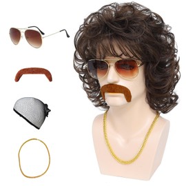 Angzon Men's Brown Short Curly 70s 80s Mullet Costume Wig