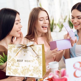 KASESSS 4 PCS Gift Bags for Presents, Birthday Gift Bag, Birthday Bags for Presents, Girls Party Bags with Handles Cards and Ribbons, Present Bag for Wedding Party Valentines 18x16x10cm (White,Gold)