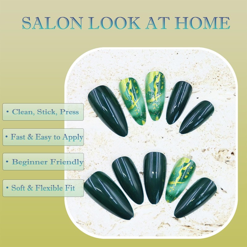 24PCS Emerald Green Ombre Press on Nails, Medium Almond Fake