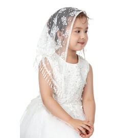 PAMOR Triangle First Communion Veils for Girls Lace Chapel Veil Mantilla Veils Latin Mass Church Veil for Catholic Baptism (White B)
