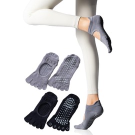 Gemma Plus Pilates Socks, Anti-Slip, 5 Toe Ladies, Yoga Socks, Anti-Slip Socks, Yoga Grip Socks, Pilates, Dance, 2 Pairs, Black × elegant gray