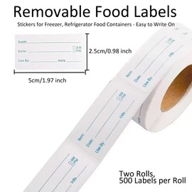 2 Rolls 1000 Labels Removable Food Labels, Waterproof Self-Adhesive Freezer Container Stickers for Kitchen Organization