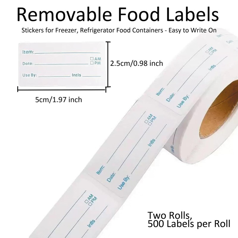 2 Rolls 1000 Labels Removable Food Labels, Waterproof Self-Adhesive Freezer