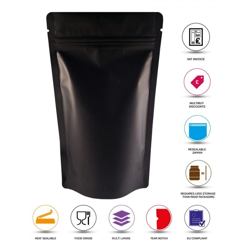 RIGHTPAK Stand Up Pouch Black Matt 25 Pieces 16cm x