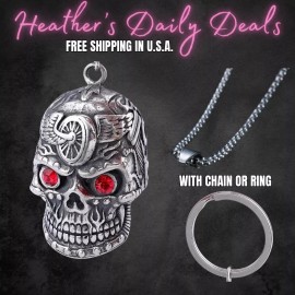 HDD Biker Skull Ruby Red Motorcycle Ride Gremlin Bell Gift Luck Hanger Key Necklace