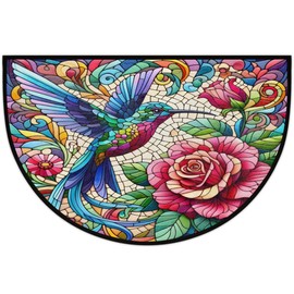 Half Round Doormat Flower Bird Colorful Semi Circle Rug Non Slip Indoor Outdoor Entrance Half Moon Rug Washable Front Floor Mat for Kitchen Bathroom Patio Fireplace Holiday Decor