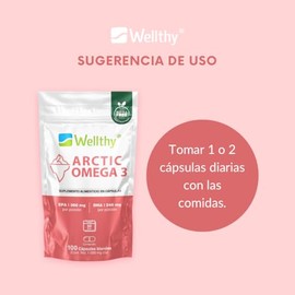 Wellthy Acrtic Omega 3 Softgel 100 Cpsulas. 100 Aceite de Salmn, 360mg EPA, 240mg DHA, 50 Dias de Consumo, Hecho en Planta Certificada, Bottle Free.  