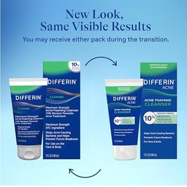 Differin Acne Face Wash with 10% Benzoyl Peroxide, Maximum Strength OTC Acne Foaming Cleanser, Fast Acting Acne Treatment for Face and Body, 5 oz.