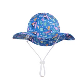 LANGZHEN UPF Beach Sun Protection Hat for Baby Girls Adjustable Toddler Kids Hat Wide Brim Summer Outdoor hat with Chin Strap(Flamingos+Toucan-Blue, L: 2T-4T (52cm /20.5"))