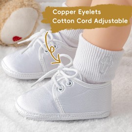 Booulfi Baby Boys Shoes Newborn Shoes for Toddlers Christening Shoes and Socks Set 0-18 Months, White 461070
