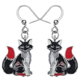 Alloy Cartoon Fox Earrings Enamel Drop Dangle Fashion Jewelry For Women Girls Anime Charm Gift (Black)