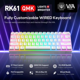 RK ROYAL KLUDGE RK61 Wired 60% Mechanical Gaming Keyboard Programmable QMK/VIA RGB Backlit 61 Keys Ultra-Compact Hot Swappable Blue Switch White