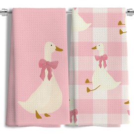 LUKIPOM Coquette Pink Bow Plaid Goose Kitchen Towels Set of 2, Preppy Pink Checkered Dish Tea Towels for Kitchen Decor, Girly Aesthetic Goose Hand Towels for Bathroom Decor, 16x24 Inches