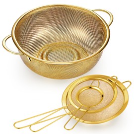Baderke 1 Pcs 3 Quart Stainless Steel Gold Colander and 3 Pcs Fine Mesh Strainer with Handles Gold Kitchen Accessories for Kitchen Draining Rinsing Serving Food Pasta Rice Vegetables