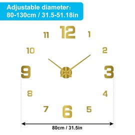 3D DIY Luminous Dial Drill-free Acrylic Frameless Silent Wall Clock with Number Stickers for Living room Office Bedroom Modern House Decoration Golden 80-130cm