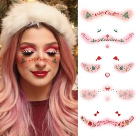 10 Sheets Christmas Blush Face Stickers Cute Reindeer Elk Bows Snowflakes Xmas Tree Temporary Tattoo Self-adhesive Face Sticker Winter Xmas Face Body Decal Stage Makeup Face Decoration