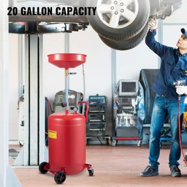 VEVOR Oil Drain Container, 20 Gallon Waste Oil Drain Tank, Portable Oil Lift Drain Pan Air Operated Drainer, Fluid Fuel Drainage Adjustable Funnel Height with Pressure Regulating Valve & Wheel