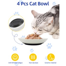 4 Pack Cat Food Bowl Whisker Friendly,Anti Whisker Fatigue Cat Bowls,Ceramic Shallow Cat Dishes for Indoor Cats,Small Cat Wet Food Plates, Cute Kitten Cat Food Tray Set（White）