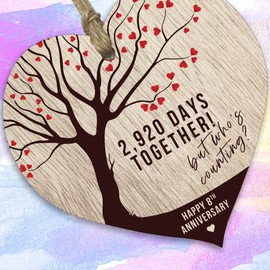 8th Wedding Anniversary Wooden Heart Plaque, Light Wood Sign Keepsake, Celebrate Bronze/Pottery Anniversary Wife Husband Boyfreind Girlfriend Mum or Dad, Plaque with Quotes Gifts from the Kids