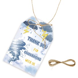 50pcs Tornado Thank You Tags, Tornado Birthday Gift Tag with String for Kids, Two-Nado/Four-Nado Thank You Paper Tags for Birthday/Tornado Weather Themed Party Favors