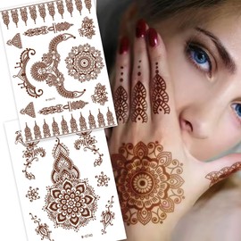 6 Sheets Henna Tattoos Temporary Stickers Reddish Brown Floral Geometric Waterproof Henna Tattoos for Women Indian Diwali Supplies Wedding Party Festivals Decoration