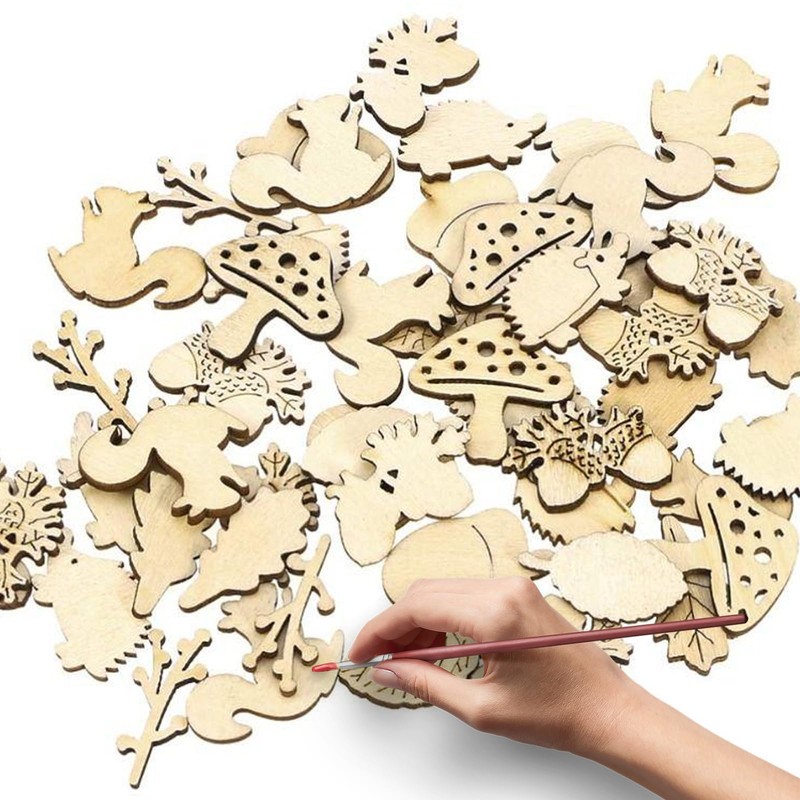 100 PCS Wooden Craft Shapes,Autumn Wooden Mushrooms, Tree Embellishment
