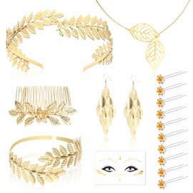 DPKOW Women's Greek Goddess Costume Accessories, Greek Goddess Jewellery Laurel Wreath Headpiece Hair Clip Necklace Earrings Upper Arm Bracelets Face Tattoo Carnival Wedding Bridal Headpiece