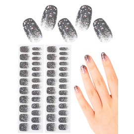 48 Pcs UV-Free Semi Cured Gel Nail Stickers for Women, No UV Light Needed Press on Self-Adhesive Nail Polish Strips Kit with Nail File Glitter Nail Art Wraps (Black)(Black)