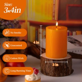 KONNI Orange Pillar Candles Set of 3, 3"x 4" Unscented Pillar Candles Bulk, 40 Hours Long Burning Candles, Smokeless&Dripless Large Round Candle for Wedding, Home Decoration, Parties, Spas, Dinner