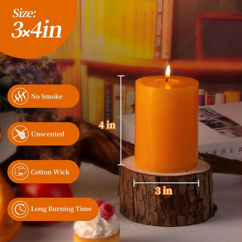 KONNI Orange Pillar Candles Set of 3, 3"x 4" Unscented